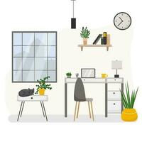 Modern interior in bright colours with workplace, computer, lamp vector