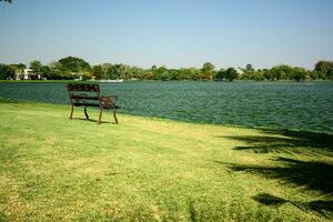 lonely bench on lakeside in the grass field photo