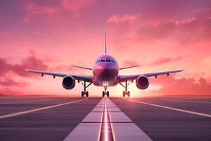 Aircraft on the runway at sunrise. Airplane at the airport. Big passenger plane on the runway road and pink morning sky. Front view. photo