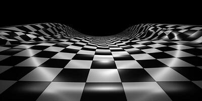 Groovy psychedelic wavy chessboard background. Checker retro psychedelic texture. Abstract black and white background. Hippie twisted gingham checkerboard pattern. photo