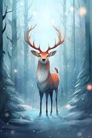 Cute cartoon christmas deer. Santa reindeer with horns in snowy magic forest. Xmas funny reindeer character in the north. photo