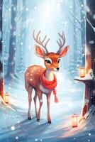 Cute cartoon christmas deer with red scarf. Santa reindeer with horns in snowy magic forest. Xmas reindeer character in the north. photo