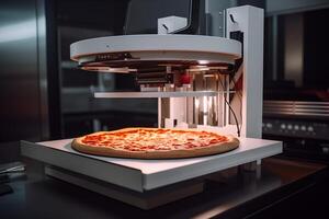 3D printer prints pizza. Cooking device of future for making food. Home future technology. Realistic composition with process 3d printing of pizza imitation. photo