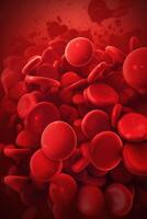 Red blood cells. Circulation of hemoglobin through vessels. Blood anemia background. Human red erythrocytes. Hemoglobin under electron microscope. Thrombosis. Generative ai photo