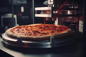 3D printer prints pizza. Cooking device of future for making food. Home future technology. Realistic composition with process 3d printing of pizza imitation. photo