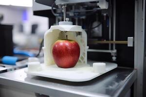 3D printer prints red apple. Cooking device of future for making food. Home future technology. Realistic composition with process 3d printing of apple imitation. photo