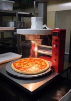 3D printer prints pizza. Cooking device of future for making food. Home future technology. Realistic composition with process 3d printing of pizza imitation. photo