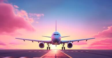 Aircraft on the runway at sunrise. Airplane at the airport. Big passenger plane on the runway road and pink morning sky. Front view. photo