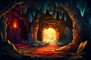 Cartoon magic stone cave entrance. Dark rock tunnel burning fire. Underground abandoned rocky cave. Light at the end of the tunnel. photo