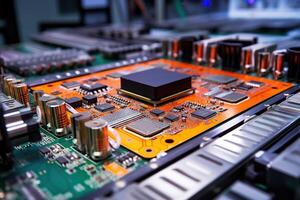 Electronic circuit board close up. Technology background. Central Computer Processors CPU concept. Motherboard digital microchips. Tech background. Integrated communication processor. photo