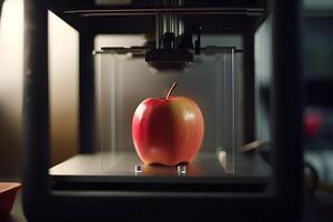 3d impresora huellas dactilares rojo manzana. Cocinando dispositivo de futuro para haciendo alimento. hogar futuro tecnología. realista composición con proceso 3d impresión de manzana imitación. ai generado foto