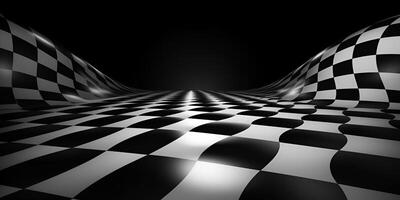 Groovy psychedelic wavy chessboard background. Checker retro psychedelic texture. Abstract black and white background. Hippie twisted gingham checkerboard pattern. photo