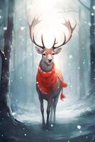 Cute cartoon christmas deer with red scarf. Santa reindeer with horns in snowy magic forest. Xmas reindeer character in the north. photo