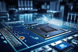 Electronic circuit board close up. Technology background. Central Computer Processors CPU concept. Motherboard digital microchips. Tech background. Integrated communication processor. photo