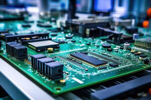 Electronic circuit board close up. Technology background. Central Computer Processors CPU concept. Motherboard digital microchips. Tech background. Integrated communication processor. photo