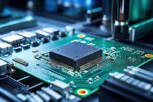 Electronic circuit board close up. Technology background. Central Computer Processors CPU concept. Motherboard digital microchips. Tech background. Integrated communication processor. photo