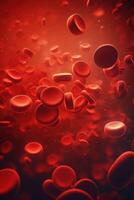 Red blood cells. Circulation of hemoglobin through vessels. Blood anemia background. Human red erythrocytes. Hemoglobin under electron microscope. Generative ai photo