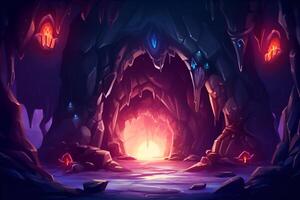 Cartoon magic stone cave entrance. Dark rock tunnel with luminous crystals. Underground abandoned rocky cave. Entrance to tunnel in mountain. photo