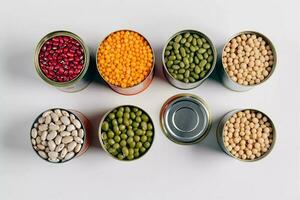 AI Generative Flat Lay View of Canned Seeds on white Background photo