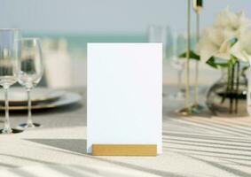 Mockup white blank space card, for greeting, table number, wedding invitation template on wedding table setting background. with clipping path. 3D rendering photo