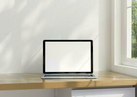 display Laptop turn and open in a minimal white wall Background. There was light from the windows. 3D rendering photo