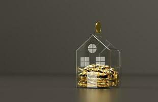 oro monedas en un transparente cerdito banco en un sencillo casa forma. 3d representación foto
