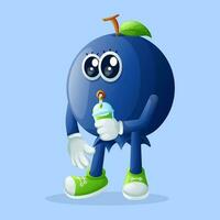 Cute blueberry character drinking a green smoothie with a straw vector