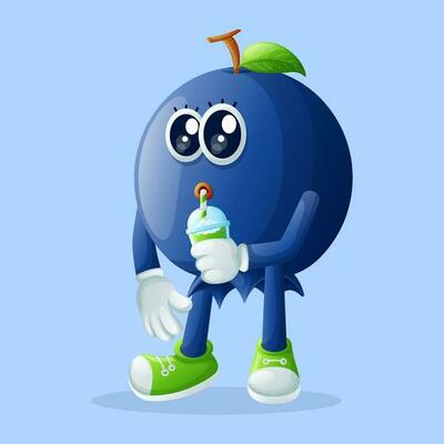 Cute blueberry character drinking a green smoothie with a straw