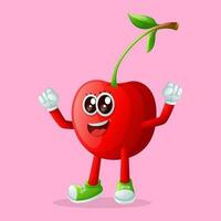 Cute cherry character making a victory sign with his hand vector