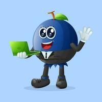 Cute blueberry character typing on a computer vector