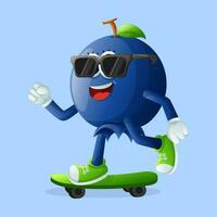 Cute blueberry character skateboarding vector