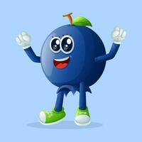 Cute blueberry character making a victory sign with his hand vector