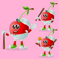 Cute cherry characters playing baseball vector