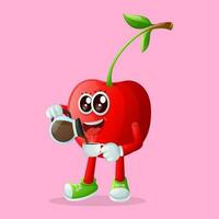 Cute cherry character pouring coffee vector