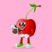 Cute cherry character pouring coffee vector