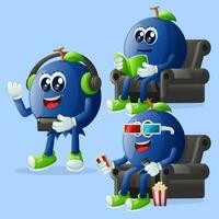 Cute blueberry characters enjoying leisure activities vector