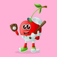 Cute cherry character playing baseball vector