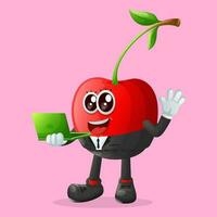 Cute cherry character typing on a computer vector