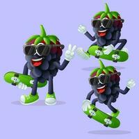 Cute blackberry characters skateboarding vector