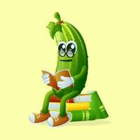 Cute cucumber character wearing glasses and reading a book vector