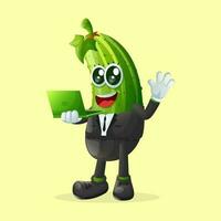 Cute cucumber character typing on a computer vector