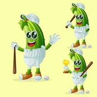 Cute cucumber characters playing baseball vector