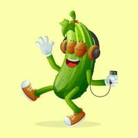 Cute cucumber character listening to music vector