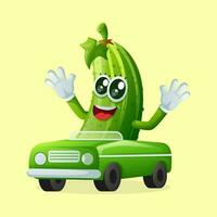 Cute cucumber character playing with car toy vector