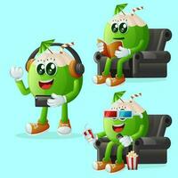 Cute coconut characters enjoying leisure activities vector