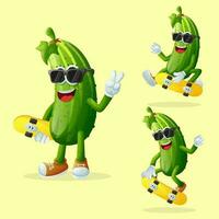 Cute cucumber characters skateboarding vector