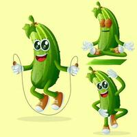 Cute cucumber characters exercising vector