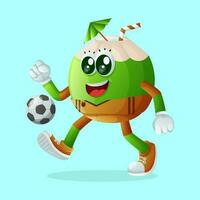 Cute coconut character playing soccer vector