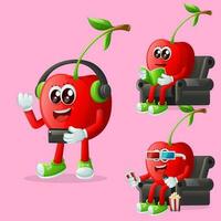 Cute cherry characters enjoying leisure activities vector