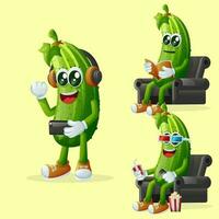 Cute cucumber characters enjoying leisure activities vector